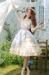 Cardigan asymétrique à volants en couches de crème multicolore avec nœud papillon Sweet Lolita Jsk Dress